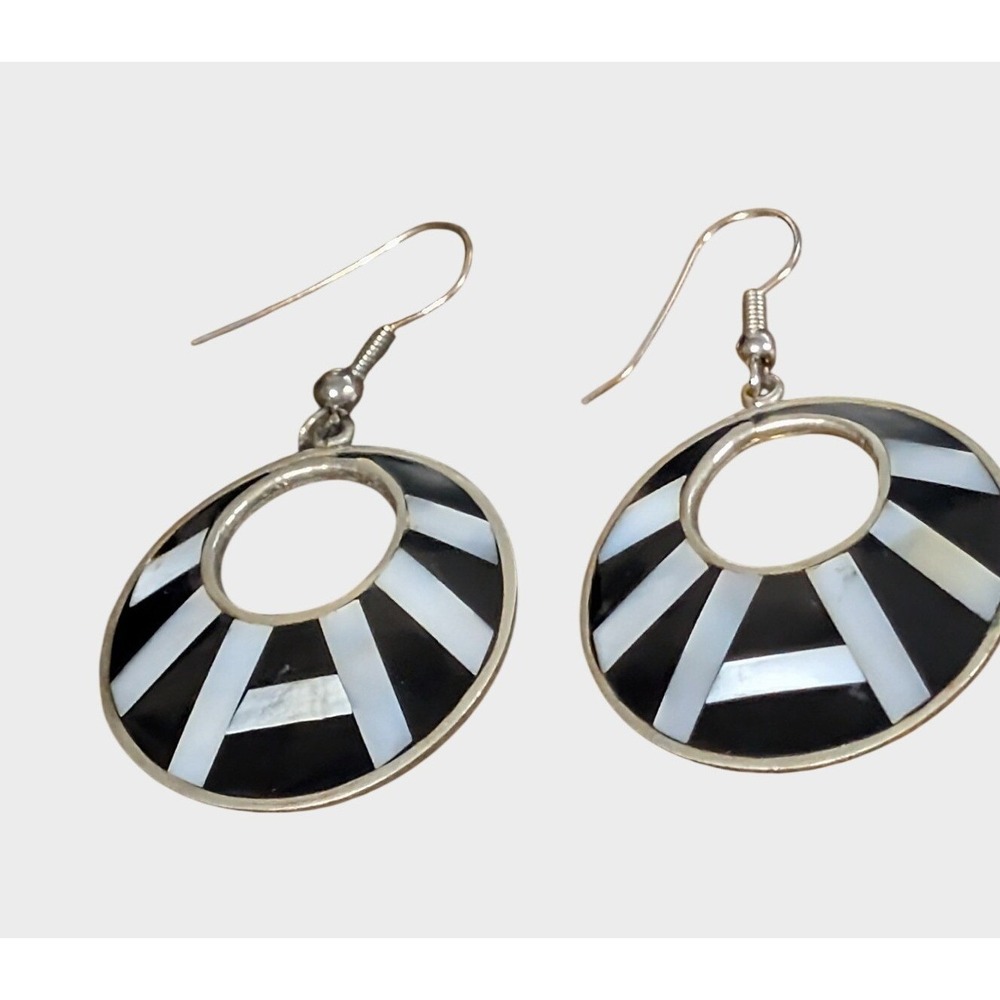 Vintage Dangle Pierced Earrings Black Abalone Enamel 2" Long Boho Silver-tone